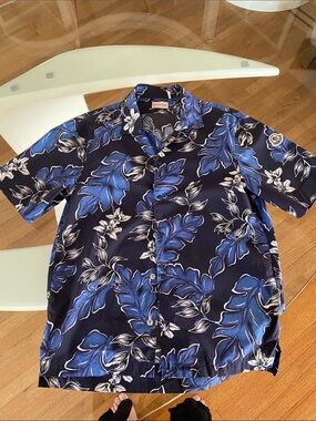 Moncler Navy Floral-Print Short Sleeve Button-Down Shirt